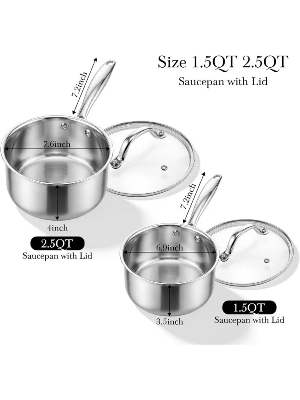 Heavy Duty Tri-Ply Stainless Steel Pots 1.5Qt & 2.5Qt | Induction Ready